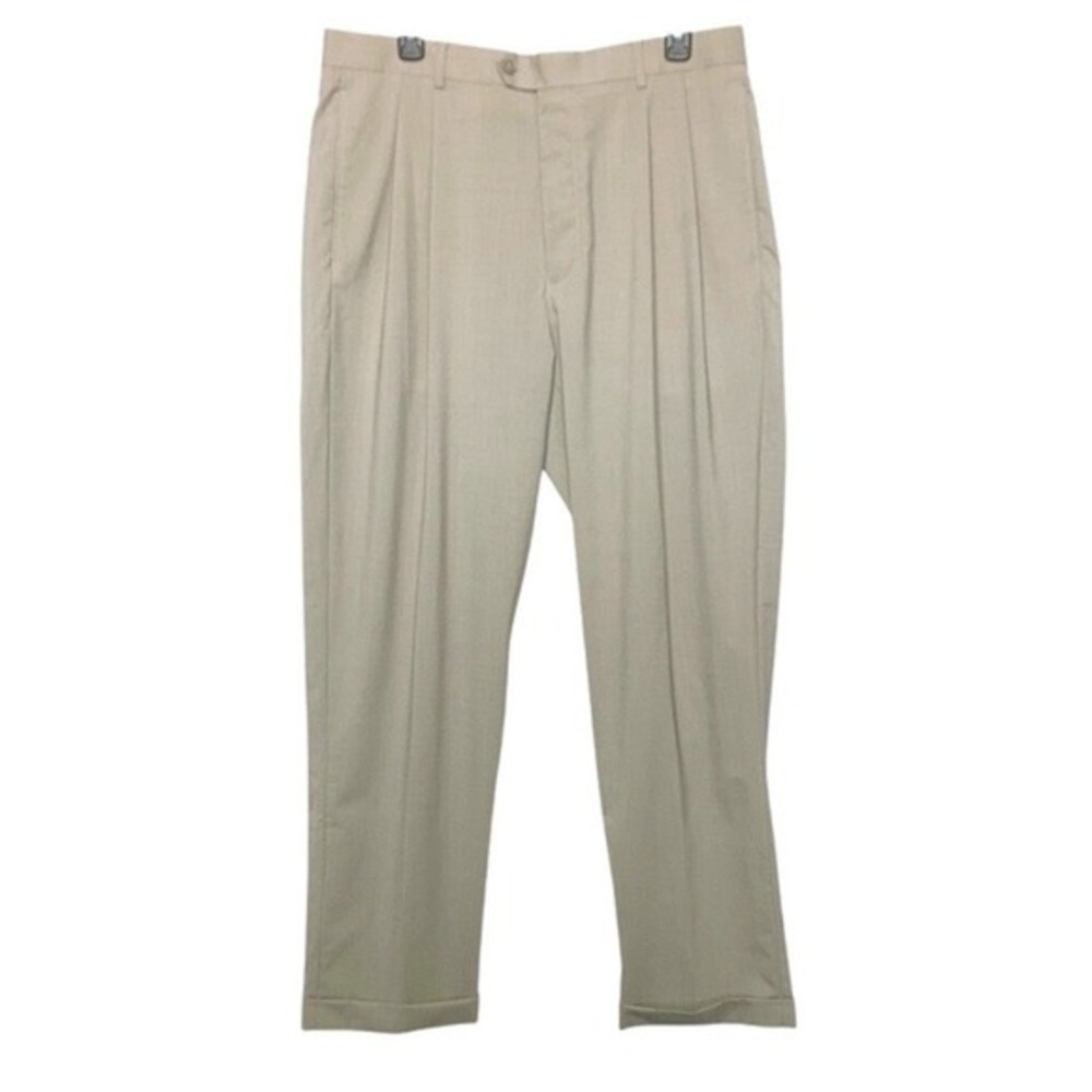 Roundtree & Yorke Easy Care Khaki Pleated Wool Blend Dress Pants 36x32 Tan - Picture 1 of 6